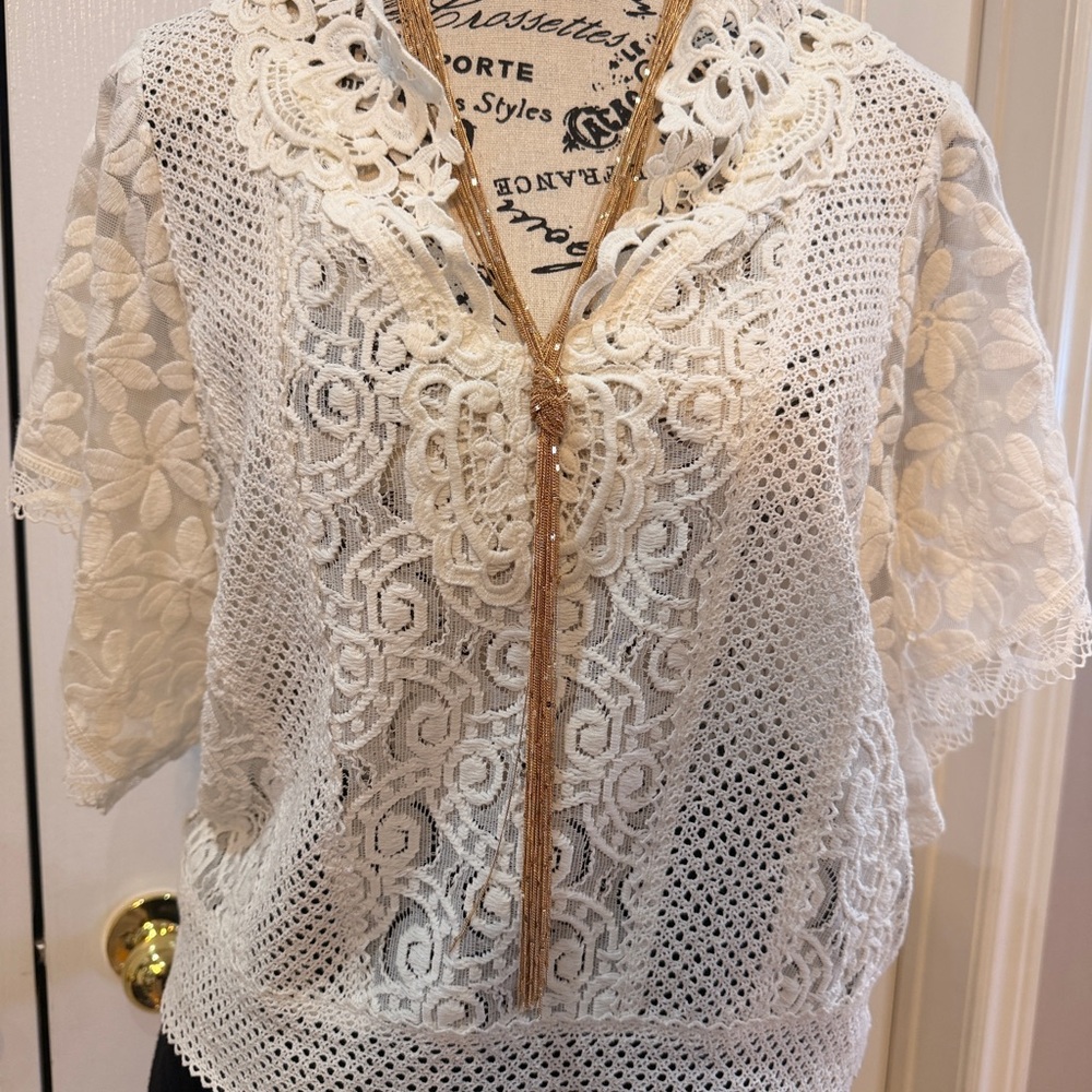 Nanette Lepore Ivory Crochet V-Neck Knit Top
